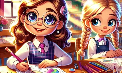 Una niña de 10 años, llamada Sofía, con cabello largo y castaño y gafas redondas, sonríe con entusiasmo, sus ojos brillan de determinación. Está sentada en una mesa de clase de madera, rodeada de hojas de colores y lápices, dibujando un plan para su proyecto escolar. A su lado, su mejor amiga Lucía, también de 10 años, tiene cabello rubio y trenzas. Mira a Sofía con una expresión de duda, sus cejas ligeramente fruncidas, pero una leve sonrisa comienza a aparecer en su rostro. La escena transcurre en un aula luminosa, con paredes decoradas con dibujos de niños y carteles educativos. Rayos de sol entran por las ventanas, iluminando los rostros de las dos chicas. Sofía anima a Lucía a ganar confianza en sí misma, mientras discuten su proyecto sobre los planetas, rodeadas de útiles escolares coloridos.
