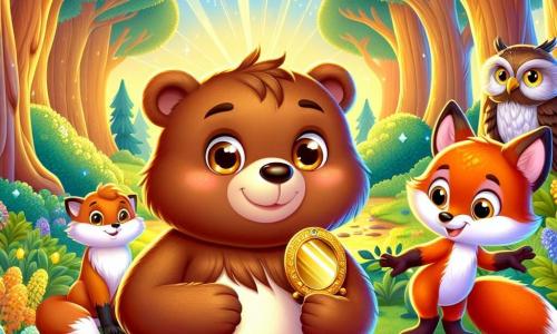 Un giovane orso bruno di nome Bruno, con un pelo morbido e occhi brillanti di curiosità, si trova al centro dell'immagine, tenendo un piccolo specchio dorato tra le zampe anteriori. La sua espressione è di meraviglia, con un grande sorriso che illumina il suo volto. Accanto a lui, una volpe colorata, con un pelo rosso e arancione, guarda lo specchio con occhi brillanti di eccitazione, sembrando gioiosa e amichevole, pronta a esplorare il mondo con Bruno. Un po' più lontano, un saggio gufo con piume marroni e bianche, posato su un ramo, osserva la scena con uno sguardo attento e incoraggiante. Il paesaggio è una foresta magica, con alberi maestosi e foglie verdi brillanti, illuminata da raggi di sole dorati che filtrano tra i rami. I fiori colorati, nei toni vivaci di blu, rosa e giallo, punteggiano il terreno, creando un'atmosfera incantata. La scena principale mostra Bruno e i suoi amici che scoprono lo specchio dorato, che rivela un sentiero misterioso verso avventure inesplorate. L'eccitazione e la curiosità si leggono sui loro volti, pronti a tuffarsi nell'ignoto.