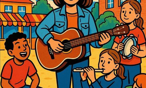 Mujer cantante sonriente y serena, cabello castaño medio, chaqueta vaquera clara, con una guitarra acústica brillante en el centro de un pequeño escenario de madera, mirada amable al público; Nora, ~12 años, tímida pero orgullosa, cabello castaño recogido, con una pandereta plateada a la derecha, dejando que su voz suene; Leo, ~12 años, enérgico y travieso, cabello corto rizado, sentado a la izquierda tocando un cajón; Sara, ~12 años, concentrada, rubia con una flauta plateada detrás de la guitarra; decorado: pequeño patio escolar diurno con banderolas y puestos, cielo azul pálido y algunos espectadores; escena: concierto escolar cálido donde la profesora baja el volumen para destacar la voz tímida, gestos de ánimo y luz suave.