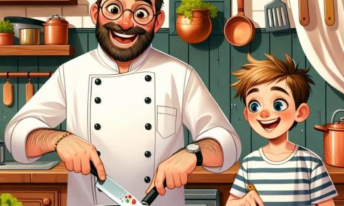In een warme en kleurrijke keuken glimlacht een chef-kok, een man van rond de veertig met een bruine baard en ronde bril, vrolijk terwijl hij verse groenten snijdt. Hij draagt een witte chef-jack en een schort met kleurrijke patronen, en de opwinding is te zien in zijn stralende ogen. Naast hem kijkt een tienjarig jongetje, Tom, met zijn rommelige blonde haar en gestreept t-shirt, verwonderd toe terwijl hij een plastic mes vasthoudt, klaar om te helpen. De keuken is gevuld met koperen potten, verse kruiden die hangen en kleurrijke groenten die op een groot houten aanrecht liggen. De hoofdscène toont de chef en Tom die samen een heerlijke groentestoofpot bereiden, met groenten die in een grote pan sissen en de lucht vullen met een verrukkelijke geur.