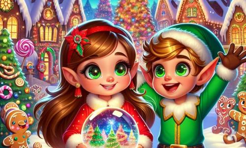 A 5-year-old girl named Lily, with long brown hair and sparkling eyes, stands at the center of the scene holding a beautiful shimmering snow globe. She wears a red dress with white polka dots and a Christmas hat, her face radiating excitement and curiosity. Next to her is a small elf named Tinsel, around 10 years old, with pointed ears and bright green eyes, smiling widely. He wears a bright green outfit with golden trim and pointed boots, raising his arms as if celebrating a magical moment. In the background, an enchanting village is illuminated by colorful lights, with gingerbread houses decorated with candy and a large sparkling Christmas tree topped with a golden star. Snow gently falls, covering the ground in a soft white blanket, creating a fairy-tale atmosphere. The main scene shows Lily and Tinsel surrounded by joyful creatures, celebrating the return of Christmas magic, as the snow globe shines brightly, illuminating their amazed faces.