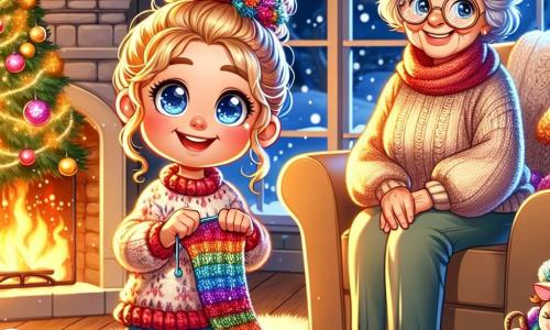 A 7-year-old girl with sparkling blue eyes and curly golden hair sits on a plush carpet in a cozy living room. She has a radiant smile and rosy cheeks from excitement, holding a colorful scarf she just finished knitting. Next to her, her grandmother, a gentle woman around 70 with silver hair in a bun and round glasses, smiles tenderly at the scarf. She is wrapped in a comfortable wool sweater and sits in a velvet armchair near the fireplace, where flames dance joyfully. The living room is decorated for Christmas, with a large tree sparkling with lights and colorful ornaments, and beautifully wrapped gifts around the trunk. Snowflakes gently fall outside, creating a magical atmosphere. The main scene shows the little girl proudly presenting her gift to her grandmother, who is touched and happy, while a soft golden light illuminates the scene, symbolizing love and family warmth during the Christmas holidays.