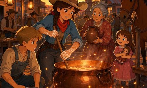 Eine konzentrierte, lächelnde Cowgirl (Luisa) mit braunen Zöpfen, beigem Lederhut, Jeansjacke und rotem Halstuch rührt mit bemehlten Händen einen großen Kupferkessel über dem Feuer; neben ihr der erschöpfte, aufmerksame Teenagerjunge Tom mit staubiger Latzhose und einem Eimer Sand, hinter ihr die ältere Oma Bea mit grauem Dutt und Blumenkleid, eine Krug Wasser bereithaltend, und im Hintergrund rechts die etwa sechsjährige Lila im rosa Kleid mit Puppe, ein großer Falbe namens Stern am Pfahl beobachtet ruhig, alles auf einem staubigen Marktplatz einer Präriekleinstadt im Abendlicht mit Holzstapeln, hängenden Laternen und leeren Ständen, als Funken durch eine Windböe Richtung Holz fliegen und Luisa schnell die Suppe schützt und das Feuer gelöscht wird, dynamische Szene mit Funken, leichtem Rauch, orangebeleuchteten Gesichtern und einer warm gesättigten Farbpalette (Ocker, Rot, Braun) in klaren, runden Linien, kleinen spiralförmigen Rauchdetails und glänzenden Reflexen auf dem Kessel.