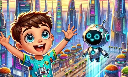 Ein 8-jähriger Junge namens Max mit zerzausten braunen Haaren und neugierigen Augen steht im Mittelpunkt des Bildes, begeistert von der spektakulären Aussicht auf die futuristische Stadt. Er trägt ein buntes T-Shirt mit Robotermotiven und eine Jeansshorts und hebt freudig die Arme, ein großes Lächeln erhellt sein Gesicht. Neben ihm schwebt ein kleiner, runder und freundlicher Roboter namens Robi leicht über dem Boden, mit leuchtenden Augen und einer glänzenden Metalloberfläche, und gibt ein leises Summen von sich. Robi wirkt ebenso aufgeregt wie Max, seine beweglichen Arme in einer freudigen Pose. Im Hintergrund erstreckt sich die Stadt Glitzerstadt mit futuristischen Gebäuden, die in lebhaften Farben schimmern und mit hängenden Gärten geschmückt sind. Fliegende Autos durchziehen den blauen Himmel, während Roboter aller Größen durch die belebten Straßen bewegen und eine dynamische und fröhliche Atmosphäre schaffen. Die Hauptszene zeigt Max und Robi, die von der Spitze eines hohen Turms die Aussicht bewundern, während sanfte Wolken um sie herum schweben und sie die Wunder dieser magischen Stadt entdecken, die voller Licht und Technologie ist.