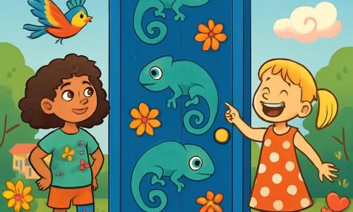Es gibt zwei Hauptfiguren: - Mia: ein 10-jähriges Mädchen mit lockigem, braunem Haar, das eine mit Comic-Motiven verzierte Beinprothese trägt. Sie hat ein schelmisches Lächeln und trägt ein buntes T-Shirt mit Sternen. Sie steht links und schaut neugierig auf die Szene. - Jule: ein 10-jähriges Mädchen mit glattem, blonden Haar, das in zwei Zöpfen gebunden ist. Sie trägt ein gepunktetes Kleid und Turnschuhe. Sie steht rechts, lacht und zeigt auf eine riesige blaue Tür. Der Schauplatz ist ein großer, bunter Schulgarten, voller leuchtender Blumen und grüner Rasenflächen. In der Mitte steht eine riesige blaue Tür, verziert mit Chamäleon- und Blumenmotiven. Zuckerwattenwolken schweben am Himmel, und bunt gefiederte Vögel singen fröhlich. Die Hauptsituation der Geschichte zeigt Mia und Jule, die fasziniert und amüsiert vor der blauen Tür stehen, die zu schweben scheint. Sie sind bereit, sie zu öffnen, neugierig auf die verrückten Abenteuer, die sie dahinter erwarten.