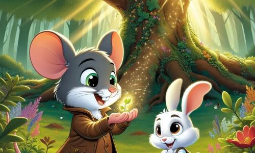 Um pequeno rato chamado Rafi, com pelagem cinza macia e olhos brilhantes de curiosidade, está de pé sobre as patas traseiras, com um sorriso radiante no rosto, segurando uma pequena semente brilhante com as patas dianteiras. Ao seu lado, um coelhinho travesso chamado Beto, com grandes orelhas e pelagem branca, olha para Rafi com admiração, seus olhos redondos cheios de esperança, pronto para ajudá-lo. A cena acontece ao pé de um majestoso Carvalho, cujos galhos se estendem amplamente, cobertos de folhas verdes vibrantes, e cercado por flores coloridas que dançam ao vento. O sol filtra através das folhas, criando reflexos de luz dourada no chão da floresta. Rafi e Beto estão plantando sementes mágicas ao redor do Carvalho, esperando salvá-lo de seu triste destino, enquanto uma doce melodia da floresta os encoraja em sua missão.