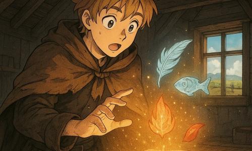A young adult man, curious and awed with wide eyes and parted mouth, leans over a map opening on his desk; he wears a worn brown cloak, leather boots, messy light-brown hair, and reaches toward floating symbols whose fingertips glow with golden light; the secondary nonhuman character is a rolled map come to life, radiating warm, starlike light, topped by three floating symbols — a feather of translucent wind, a fish carved from silver moonlight, and an ember-glowing seed; setting: a mansard attic with dark wooden beams, dust in morning sunbeams, a small open window looking over a valley with clouds resting on fences, strong textures of wood and cracked parchment and warm golden light; the moment captures the map opening and symbols rising, a magical, discovery-filled atmosphere centered on the man and the map, with warm (gold, amber) and cool (silver, pale blue) contrasts.