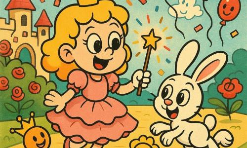 Prințesa Ella, fetiță zâmbitoare și uimită, păr blond buclat, rochie roz cu volane și coroniță mică de aur, ține o baghetă magică sclipitoare în centrul imaginii; un iepuraș curios, mic, cu urechi mari roz, sare la dreapta privindu-i bagheta; flori animate cu petale verzi și fețe zâmbitoare se învârt ca balerine; decor: grădină de palat colorată cu tufisuri de trandafiri roșii, un mare tufis rotund în spatele prințesei, alee pavată galbenă și cer albastru deschis cu nori în formă de animale; scenă principală: ploaie de confetti multicolore și baloane zâmbitoare care urcă spre cer, flori dansatoare și nori amuzați — atmosferă veselă, luminoasă și jucăușă; stil grafic: linii groase, culori saturate, texturi moi, expresii exagerate, forme rotunjite, compoziție clară centrată pe prințesă.