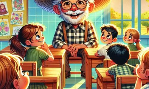 Un hombre anciano, Don Manuel, se encuentra en el centro de la escena, con una sonrisa cálida y ojos brillantes de sabiduría. Lleva un sombrero de paja y una camisa a cuadros, con el cabello gris ligeramente despeinado. Está sentado en una silla, rodeado de niños atentos. A su derecha, Ana, una niña de 10 años con cabello castaño y gafas, levanta la mano con curiosidad, su rostro iluminado por la emoción. A su izquierda, Pedro, un niño de 9 años con cabello rubio y pecas, escucha con admiración, con los brazos cruzados sobre la mesa. La escena se desarrolla en un aula luminosa, con paredes decoradas con dibujos de niños y ventanas que dejan entrar la luz del sol. Los escritorios de madera están dispuestos en semicírculo alrededor de Don Manuel, creando una atmósfera cálida y acogedora. La situación principal muestra a Don Manuel compartiendo sus historias de guerra con los niños, que escuchan atentamente, cautivados por sus palabras. Los rostros de los niños expresan asombro e interés, mientras Don Manuel, con gestos expresivos, transmite lecciones de paz y camaradería.