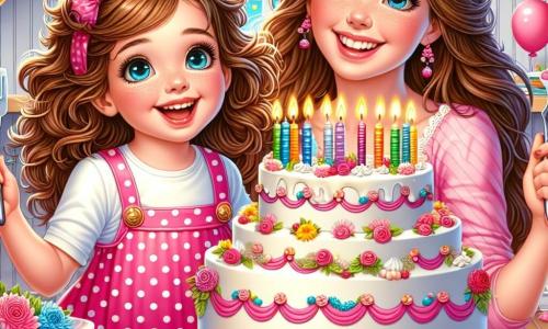 O fetiță de 4 ani, Ana, cu ochi mari și strălucitori și păr castaniu ondulat, zâmbește fericită ținând un tort mare decorat cu cremă și lumânări colorate. Poartă o rochie roz cu buline albe și șosete cu dungi. Lângă ea, mama ei, o femeie de aproximativ 30 de ani, cu păr lung și drept, zâmbește mândră ținând o spatulă, pregătită să servească tortul. Se află într-o bucătărie luminoasă, plină de culori vii, cu baloane agățate de pereți și o masă mare din lemn decorată cu flori. În centrul scenei, Ana și mama ei sărbătoresc ziua tatălui, pregătite să-l surprindă pe tata care intră în cameră, cu ochii mari de surpriză și fericire.