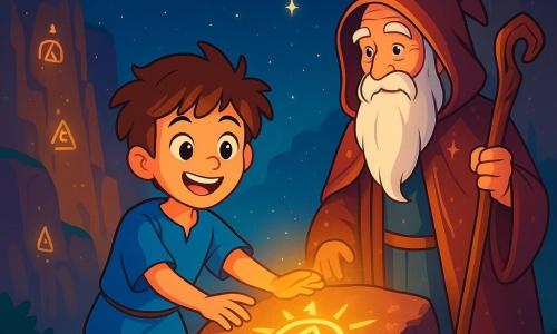 An 8-year-old boy, Leo, with messy brown hair and curious sparkling eyes, stands at the edge of a magical cliff, his face lit up by a wide smile of wonder. He wears a blue tunic and canvas pants, with his hands reaching towards a glowing symbol carved in the stone, radiating a golden light. Beside him, an old man named Orion, around 70 years old, with a long white beard and wise eyes, watches Leo with pride. He wears a shimmering robe and holds a carved wooden staff, standing slightly back, ready to guide the young boy. The setting features majestic cliffs adorned with ancient symbols shimmering under the starlight, with a night sky filled with bright stars and a soft golden glow enveloping the scene. The main focus shows Leo tracing the luminous symbol on the stone, his face beaming with determination and excitement, while Orion encourages him, creating an atmosphere of magic and adventure.