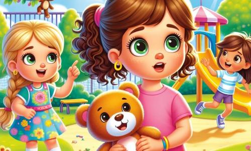 Três meninas, Ana, Bia e Clara, estão reunidas em um parque ensolarado. Ana, uma menina de 8 anos com cabelos cacheados castanhos e uma camiseta rosa, olha ao redor com os olhos arregalados, preocupada por não encontrar seu ursinho de pelúcia. Ao lado dela, Bia, também de 8 anos, tem cabelos loiros trançados e usa um vestido florido; ela sorri entusiasmada, pronta para ajudar a amiga. Clara, a mais velha do grupo com 9 anos, tem cabelos castanhos e usa uma camiseta azul e um short; ela está em pé em um galho de árvore, apontando para o céu com um olhar determinado. O parque está cheio de flores vibrantes, grandes árvores verdes e um céu azul com nuvens fofas. Ao longe, um escorregador colorido brilha ao sol, e crianças riem enquanto brincam. As três amigas estão em busca do ursinho de pelúcia de Ana e tiveram a ideia de criar pistas para uma divertida caça ao tesouro. Elas estão cercadas por brinquedos animados, como um pato que dança e uma abelha que voa, adicionando um toque de magia e alegria à sua aventura.