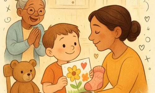 Menino de 4 anos, rosto redondo, cabelos castanhos curtos e bochechas rosadas, tímido e orgulhoso, estende um desenho colorido e uma pequena “meia‑almofada”; a mãe (30–35 anos), cabelo castanho preso em coque, sorriso suave, ajoelhada, recebe o presente surpresa e beija o filho; a avó (≈65 anos), cabelo grisalho em coque e óculos redondos, ri e aplaude na porta da cozinha; um ursinho de pelúcia claro numa cadeira; cozinha acolhedora e ensolarada com mesa de madeira clara, lápis de cor espalhados, caneca de leite quente, papéis e meia na mesa; cena do Dia das Mães, atmosfera suave, cores quentes, flores de papel e rabiscos de corações e estrelas.