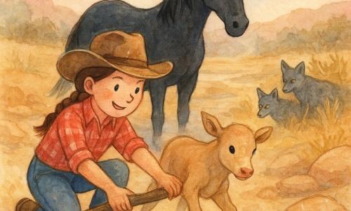 Een jonge cowgirl met een rond, vrolijk gezicht en bruin gevlochten haar onder een versleten hoed, gehurkt in het zand met een grote tak als hefboom, stoffige handen en een rood geruit shirt; een zwarte paard (Peper) met een kleine witte vlek op de neus staat alert achter haar, adem zichtbaar; een beige kalfje met dunne, stoffige pootjes net bevrijd tussen twee stenen strompelt richting het paard; twee magere coyotes in de struiken rechts, lage silhouetten met grijze vachten en gele ogen, aarzelend; decor: uitgedroogde rivier met grote beige-oker rotsen, droge gele graslanden en een ruime, lichtgevende lucht in aquarelroze en lichtblauw met stof in het licht; hoofdactie: dynamische reddingsscène — het meisje gebruikt de tak als hefboom om het pootje van het kalf vrij te krijgen terwijl het paard beschermt en de coyotes terugwijken, compositie met close-ups en diagonalen voor beweging en gespannen vastberadenheid.