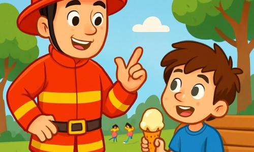 Un hombre bombero, llamado Carlos, está de pie con una gran sonrisa cálida en el rostro, vistiendo un uniforme rojo brillante y un casco reluciente. Sus ojos brillan de entusiasmo mientras explica su trabajo a un niño. El niño, Miguel, de unos nueve años, tiene el cabello castaño desordenado y lleva una camiseta azul con un pantalón corto amarillo. Está sentado en un banco de madera, con los ojos abiertos de admiración, escuchando atentamente a Carlos mientras sostiene un cono de helado derritiéndose en su mano. La escena tiene lugar en un parque verde, con grandes árboles frondosos y un cielo azul claro salpicado de algunas nubes blancas. Niños juegan al fútbol a lo lejos, añadiendo una atmósfera alegre al entorno. Carlos, con pasión, cuenta historias de su trabajo como bombero, mientras Miguel, cautivado, sueña con convertirse en un héroe como él.