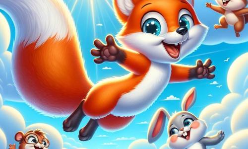 Un zorro de pelaje naranja brillante y ojos llenos de curiosidad flota alegremente en el aire, con una gran sonrisa en su rostro, rodeado de nubes esponjosas y blancas. Cerca, una pequeña ardilla de ojos brillantes y pelaje marrón, suspendida en el aire con una expresión de asombro, agita sus patas delanteras riendo. Un conejo de grandes orejas blancas, con los ojos muy abiertos de sorpresa, realiza una pirueta alegre justo debajo del zorro, con un aire travieso. La escena transcurre en un cielo azul brillante, salpicado de nubes algodonosas, donde se ven rayos de sol atravesando, iluminando al grupo de amigos en pleno vuelo. La situación principal muestra al zorro y sus amigos disfrutando de una aventura mágica, flotando juntos en el aire, riendo y divirtiéndose, después de descubrir una zanahoria gigante que les dio el poder de volar.