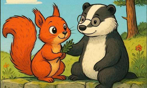 Fina, ein kleines rotbraunes Eichhörnchen mit flauschigem Fell, großen glänzenden Augen und fröhlich-stolzem Ausdruck, sitzt auf einer alten Steinmauer, hält ein kleines Piniennadelblatt zwischen den Pfoten und schnuppert den Wind; neben ihr Oskar, ein stämmiger Dachs mit schwarz-weißem Fell und runden Brillen tief auf der Nase, ruhig und wohlwollend, mit einer Pfote auf Finas Schulter; am Fuße der Mauer eine kleine, schimmernde Schnecke mit neugierigem, lächelndem Blick zu den beiden; Schauplatz: sonniger Hügel, hellblauer Himmel, hohe grüne Gräser, bunte Wildblumen, moosbedeckte graue Steinmauer und ein Kiefernwald mit einer majestätischen, einzeln stehenden Kiefer, deren Nadeln in der Sonne glänzen; Haupthandlung: die beiden Freunde, nach ihrem Abenteuer nass und ein wenig zerzaust, genießen den Duft der Kiefer, ruhen auf der Mauer im warmen goldenen Licht, Stimmung von Erfüllung und Sanftheit; Grafikstil: klare Linien, flächige leuchtende Farben, leichte Fell- und Moosstrukturen, zentrierte Komposition, direkter Blick zum Betrachter.