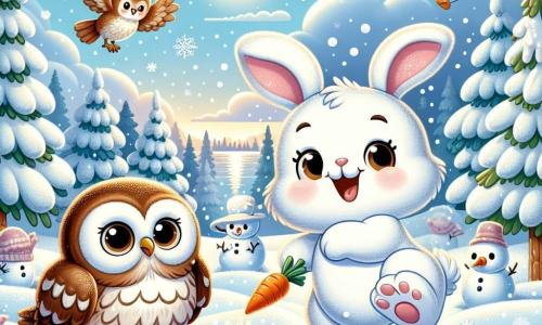 Ein kleiner, niedlicher Hase mit großen Ohren, bedeckt mit weichem, weißem Fell, hüpft fröhlich im funkelnden Schnee und lächelt breit. Neben ihm beobachtet eine Eule mit braun-weißen Federn und großen, neugierigen Augen amüsiert, während sie mit Freude hootet und eine Karotte in ihren Krallen hält. Die Szene spielt in einer märchenhaften Winterlandschaft mit majestätischen, schneebedeckten Bäumen, sanft fallenden Schneeflocken vom hellblauen Himmel und einer strahlenden Sonne, die die Szenerie erhellt. Im Mittelpunkt bauen der Hase und die Eule einen Schneemann, umgeben von Schneebällen, lachen und haben Spaß in dieser magischen Winteratmosphäre.