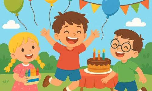 Un ragazzo di 4 anni, Luca, con i capelli castani disordinati e un grande sorriso, indossa una maglietta rossa e pantaloni blu. Salta di gioia nel giardino, circondato da palloncini colorati che fluttuano nell'aria. Accanto a lui, una ragazza di 4 anni, Sara, con i capelli biondi intrecciati e un vestito rosa a pois, tiene una scatola di pastelli colorati, pronta a disegnare. Un altro ragazzo di 4 anni, Marco, con occhiali e una maglietta verde, sta lanciando un pallone da calcio, ridendo con entusiasmo. Il giardino è pieno di fiori vivaci, festoni di carta e un grande tavolo decorato con una torta al cioccolato ornata di candele colorate. La scena mostra Luca e i suoi amici che si divertono insieme, giocando e ridendo, mentre festeggiano il suo compleanno sotto un cielo azzurro e soleggiato.