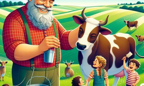 Don Pedro, un hombre alto y robusto con barba gris y una amplia sonrisa, está ordenando su vaca Lechecita en un campo verde. Lleva una camisa de cuadros rojos y pantalones de tela, y parece alegre y orgulloso de su trabajo. A su lado, Juan, un niño de 8 años con cabello castaño y rizado, observa con asombro, sosteniendo un balde de metal. Ana, una niña de 7 años con trenzas rubias, intenta imitar a Don Pedro sosteniendo un pequeño cepillo, riendo de felicidad. Al fondo, un cielo azul claro está salpicado de nubes blancas y esponjosas, y campos de flores coloridas se extienden hasta donde alcanza la vista, creando una atmósfera cálida y acogedora. La escena representa el momento alegre en que Don Pedro enseña a los niños el arte de la vida en la granja, rodeado de la belleza de la naturaleza.