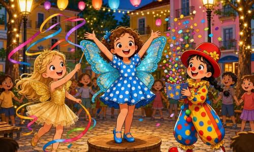 Tres niñas de 5 años: Martina, cabello castaño rizado, con alas de mariposa azul claro brillantes y vestido corto de lunares blancos, en el centro sobre una tarima de madera con los brazos alzados y una sonrisa radiante; a la izquierda Luna, cabello largo rubio, traje de hada dorado con falda de tul, lanzando cintas coloridas que revolotean; a la derecha Sofía, cabello negro liso en coletas, disfraz de payasa con gran sombrero rojo y nariz pintada, sosteniendo una caja imaginaria de la que cae confeti. Escena en una plaza de barrio al crepúsculo con adoquines redondeados, bancos de madera, árboles con guirnaldas y 20–30 farolillos de papel colgados en hileras, casas coloridas de fondo y faroles antiguos que emiten luz dorada. Las tres forman una ronda alegre bajo los farolillos encendidos; se ven siluetas de niños tomados de la mano alrededor, colores vivos y contrastados, confeti multicolor suspendido, movimientos fluidos de cintas y alas y expresiones de placer y asombro.
