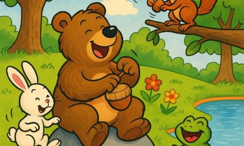 Un gran oso pardo llamado Bruno, sonriente, sentado en una roca y tocando una nuez como tambor; una ardilla rojiza en una rama golpeando avellanas; un conejo blanco saltando a la izquierda; una rana verde en una piedra junto a un lago azul; todos formando un círculo musical que ríe y baila en una clara soleada con árboles, flores coloridas y hierba, colores vivos, contornos suaves y ambiente alegre y dinámico.