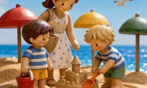 Three characters: Leo, a 4-year-old boy with short brown hair, round face and rosy cheeks, wearing an oversized blue-and-white striped shirt and yellow shorts, holding a red bucket at the left edge; Sam, a 4-year-old boy with tousled blond hair and green eyes, wearing a blue-and-white striped shirt and green shorts, holding an orange shovel to Leo's right and leaning toward a small sandcastle; Leo's mother, 30, with chestnut hair in a ponytail and a white-patterned summer dress, smiling behind them with a beige beach bag. Sunny beach with textured golden sand, small dunes, colorful umbrellas (red, yellow, green), calm blue sea with shimmering ripples, a few stylized seagulls, and wooden beach accessories. Main scene: the two boys march side by side in striped shirts, smiling—one with a bucket, the other with a shovel—while their mother watches proudly; joyful, bright colors, centered composition in a wooden toy diorama style with soft light and delicate shadows.