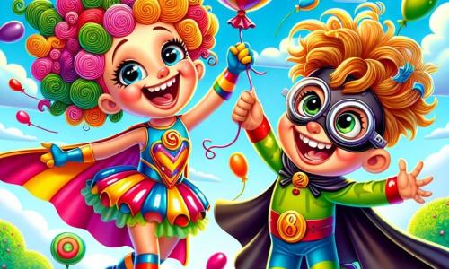 Lili, eine fröhliche Superheldin, hat lockige, bunte Haare, ein glänzendes Kostüm in lebhaften Farben und einen wehenden Umhang. Sie lacht laut, hält einen kleinen Ballon in den Händen und ihre Augen funkeln vor Schalk. Hugo, ein etwa 8-jähriger kleiner Bösewicht mit einem lustigen Gesicht, trägt runde Brille und einen zu großen Hut, der ihm ins Gesicht fällt. Er fällt mit ausgebreiteten Armen und einem schelmischen Lächeln direkt neben Lili. Die Szene spielt in einem sonnigen Park mit grünen Bäumen und bunten Blumen, unter einem strahlend blauen Himmel mit zuckergussartigen Wolken. Lili und Hugo spielen zusammen mit dem Mini-Ballon, lachen und haben Spaß, während der Ballon in die Luft fliegt und eine Atmosphäre von Freude und Freundschaft schafft.