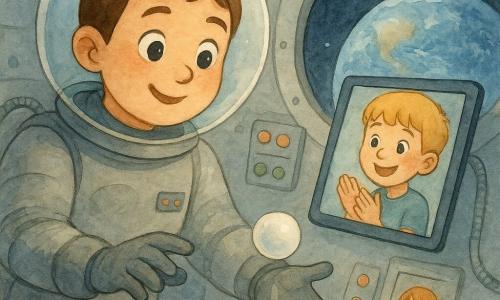 Un astronaut zâmbitor cu față rotundă, ochi mari și curioși, păr scurt șaten sub un casca transparentă, plutind în capsulă în costum gri și întinzând mâna spre o mică bilă din spumă albă care se învârte lent; pe o tabletă plutitoare apare un băiat de circa 8 ani, blond, entuziast, care ascultă și aplaudă, tableta e lângă panoul de comandă; pe perete e un abțibild colorat cu o fetiță de circa 6 ani care zâmbește și ține un drapel mic; interiorul capsulei are pereți curbați din metal periat, panouri cu butoane portocalii și verzi iluminate, cabluri și chingi vizibile, un hublou mare rond arată Pământul albastru și alb; scenă: demonstrație blândă de microgravitație — bila din spumă plutește, o picătură de apă translucidă în formă de bulă aderă la un deget mănușat, gesturi calme și precise, atmosferă caldă, sigură și plină de uimire; culori: tonuri pastelate acuarelă — albastru deschis, gri cald, accente portocalii și verzi; unghi: prim-plan ușor din plasă pentru a cuprinde bula de apă, fața astronautului și hubloul cu Pământul; stil: ilustrație în acuarelă, contururi moi, texturi granulare, linii simple și expresive potrivite copiilor.