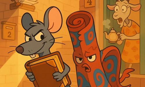 Rico, um pequeno rato cinzento antropomórfico de bigodes retos e orelhas rosadas, mostra expressão maliciosa e determinada, segura contra o peito um grosso livro antigo de capa em couro dourado — o Manual de magia doméstica — e anda na ponta das patas; um tapete enrolado e colorido, de atitude emburrada, aponta silenciosamente uma direção atrás dele; Dona Berenice, uma cabra cômica de vestido florido, está na porta à direita com a boca aberta e segura uma pequena chaleira fumegante; no topo da escada à esquerda uma coruja arredondada de óculos tortos segura uma pilha de papéis; a cena passa-se no corredor de um prédio de casas pequenas com paredes de tijolos quentes, caixas de correio de latão, portas coloridas numeradas, lâmpadas de vidro pendentes e migalhas e ferramentas pelo chão, luz quente incidindo sobre o livro e criando uma atmosfera fantasiada, divertida e meio caótica.