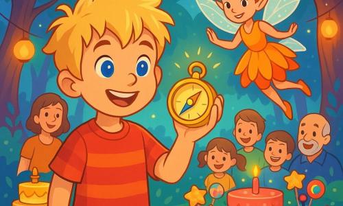 An 8-year-old boy, Oliver, with messy blonde hair and bright blue eyes, smiles in wonder while holding a shiny compass in his hand. He wears a red striped t-shirt and denim shorts, standing in the middle of an enchanted glade. Beside him is a fairy named Lumielle, with sparkling wings and a dress made of flower petals, smiling kindly as she floats slightly above the ground. In the background, majestic trees with iridescent leaves surround the scene, while twinkling lanterns illuminate the glade. The main focus shows Oliver discovering a magical birthday feast, with star-shaped cakes and colorful treats, surrounded by his friends and family, all laughing and celebrating joyfully.