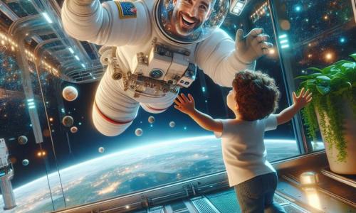 Um astronauta chamado Pedro flutua alegremente em uma estação espacial. Ele usa um traje espacial branco brilhante, com um capacete transparente que revela seu grande sorriso. Seus olhos brilham de excitação enquanto ele olha através de uma grande janela. Ao seu lado, um menino de 6 anos, Lucas, com cabelos castanhos e cacheados, observa maravilhado a Terra azul abaixo. Ele está de pé em um chão metálico, com as mãos apoiadas no vidro, os olhos arregalados de curiosidade. A estação espacial está cheia de luzes cintilantes e telas coloridas que exibem imagens de planetas e estrelas. Plantas verdes flutuam suavemente no ar, adicionando um toque de natureza a esse cenário futurista. Pedro e Lucas compartilham um momento mágico, flutuando juntos no espaço, cercados pela imensidão estrelada, rindo e se maravilhando com as belezas do universo.