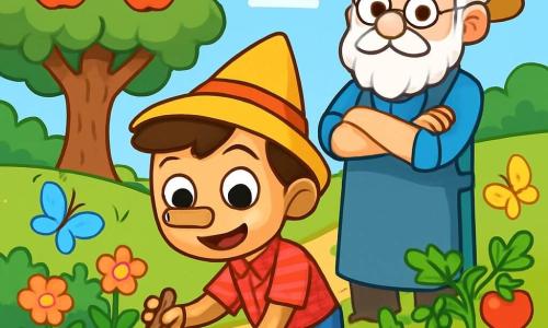 Pinocchio, um menino de madeira com olhos redondos e brilhantes como botões, sorri com entusiasmo. Sua pele de madeira é lisa e polida, e ele veste uma camisa vermelha xadrez e um chapéu pontudo. Ele está agachado, segurando uma pequena pá de madeira, plantando sementes em um jardim vibrante de cores. Ao lado dele, Geppetto, um homem idoso de cerca de 70 anos, com uma longa barba branca e óculos redondos, observa com orgulho. Ele usa um avental de trabalho de lona e um chapéu de palha, de pé com os braços cruzados, admirando o trabalho do filho. O jardim é um lugar encantador, cheio de flores brilhantes, legumes coloridos e uma velha macieira majestosa. Borboletas dançam ao redor das plantas, e um pequeno caminho de terra serpenteia pelos canteiros. A cena principal mostra Pinocchio e Geppetto trabalhando juntos para revitalizar o jardim, uma imagem cheia de alegria e cooperação, onde o amor e a amizade brilham através dos gestos simples de jardinagem.