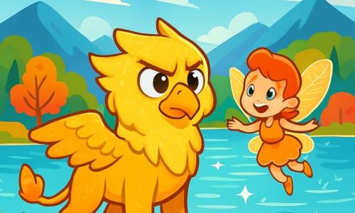 A young griffin named Pip, with shimmering golden feathers and a determined look, stands at the edge of a sparkling lake, his body buzzing with excitement and courage. Beside him, Tilly, a tiny fairy with translucent, flower-like wings, flits joyfully, her face glowing with enthusiasm and hope. The lake, surrounded by majestic mountains and colorful forests, reflects a bright blue sky dotted with fluffy clouds. Pip and Tilly are ready to cross the magical lake, determined to find the Sunstone, their shadows dancing on the glittering water as the wind whispers promises of adventure.