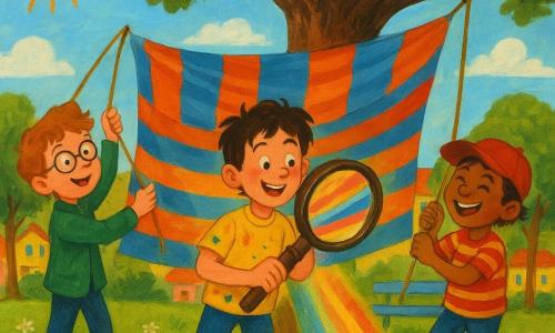 Hay tres niños: Julián, ~10 años, pelo castaño despeinado, camiseta amarilla manchada de pintura, en el centro sosteniendo una gran lupa pegajosa con mermelada brillante que proyecta rayas de colores hacia el cielo; Tomás, ~10 años, pelirrojo, gafas redondas y chaqueta verde, a la izquierda equilibrado sobre las puntas de los pies mientras cuelga una enorme sábana rayada azul y naranja; Nico, ~10 años, piel morena, gorra roja y camiseta de rayas, a la derecha tirando de la cuerda para tensar las sábanas pintadas y riendo, algo enredado en la cuerda. Están en un parque soleado junto a un viejo olmo, césped con margaritas, un banco azul y casas coloridas de fondo. Los tres cuelgan grandes sábanas rayadas entre las ramas; la lupa con mermelada proyecta bandas de luz multicolor que bailan en el aire y el suelo, con ambiente fantasioso y gestos exagerados, colores saturados y texturas de gouache visibles.