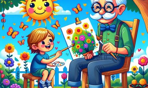 An elderly man, Mr. Oliver, with a large white mustache and round glasses, is sitting on a wooden chair in his garden. He has a warm smile and sparkling eyes, holding a brush in one hand and a palette of bright colors in the other, painting a picture of colorful flowers. Next to him, a 7-year-old girl, Emily, with long brown hair and a yellow polka dot dress, is painting a large smiling sun on a canvas. She looks enthusiastic, her eyes shining with creativity, leaning in concentration on her work. Nearby, an 8-year-old boy, Jack, with messy blonde hair and a blue t-shirt, paints a green tree with red apples. He proudly shows his painting to Mr. Oliver, who encourages him with an admiring look. The garden is filled with vibrant flowers of all colors, with butterflies fluttering around and a clear blue sky in the background. Majestic trees line the garden, creating a peaceful and joyful atmosphere. The main scene shows Mr. Oliver and the two children creating together, sharing laughter and joy, surrounded by the beauty of nature and the magic of art.