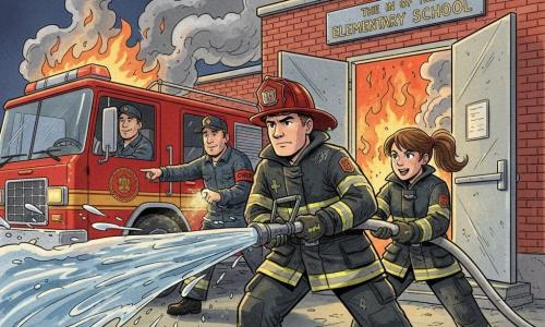 A small nighttime firefighting scene: Jake, in his twenties with a square face and short brown hair, helmet tilted, concentrated, holds a fire hose spraying a powerful silver jet at flames; Sam, about 25 with a tan and calm smile, wearing a driver’s cap, sits at the wheel of a red fire truck parked in the background, one hand on the wheel and the other pointing toward the scene, slightly left and behind Jake; Mia, about 24 with a ponytail and energetic expression, to Jake’s right helps steady the hose, wet gloves and soot-stained jacket, legs braced against the water pressure; Chief Kelly, in his forties with a serious friendly face and chief’s armband, stands near the school gym entrance a few steps behind the team, giving instructions with a raised flashlight. The setting is the red-brick façade of an elementary school with metal gym doors ajar, yellow floodlights, gray smoke rising into the night and orange-red flames near the roof. Style: colored ink with clean lines and visible textures, warm child-friendly palette of reds, yellows, grays and blues, dynamic but controlled action with bright water jets, steam, splashes and reflections on the red truck.