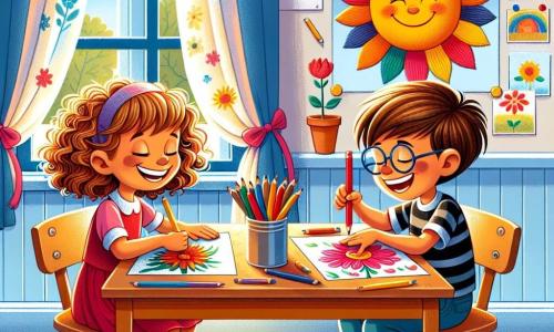 Lía, una niña de 8 años con cabello rizado y una sonrisa radiante, está sentada en una mesa de madera, concentrada en su dibujo de una hermosa flor roja. A su lado, Leo, un niño de 9 años con cabello corto y gafas, dibuja un gran sol amarillo, su rostro brilla de orgullo. Están rodeados de lápices de colores esparcidos sobre la mesa, creando un ambiente alegre y creativo. La escena tiene lugar en un aula luminosa, con paredes pintadas de azul claro y carteles coloridos que representan dibujos de niños. Las ventanas dejan entrar la luz del sol, iluminando las sonrisas de los niños y las obras de arte colgadas en la pizarra. Lía y Leo trabajan juntos en sus dibujos para el concurso de dibujo de la escuela, intercambiando ideas y riendo, ilustrando así la importancia de la amistad y la colaboración en un entorno escolar alegre.