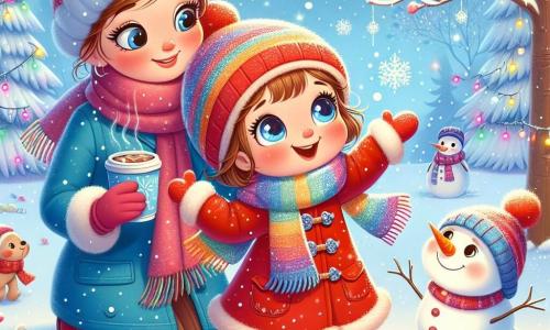 A 4-year-old girl with big bright eyes and rosy cheeks is wearing a bright red coat and a rainbow scarf. She smiles in wonder, raising her arms as if to catch the softly falling snowflakes around her. Next to her, her mother, a woman in her thirties with brown hair in a bun, wears a blue coat and a wool hat. She looks at her daughter tenderly while holding a cup of hot chocolate in one hand. The scene is set in a magical winter forest, where trees are covered in a thick layer of sparkling snow, and the ground is carpeted with white flakes. The sky is light blue with fluffy clouds, and a few colorful birds fly among the branches. The main situation shows the girl and her mother playing in the snow, surrounded by falling flakes, while a smiling snowman stands nearby with a carrot for a nose and coal eyes.