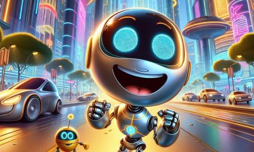 Zippy, een klein robot met grote ronde ogen en een ronde lichaam, straalt blijdschap uit terwijl hij van blijdschap springt midden op een futuristische straat. Zijn metaal schittert in het gouden zonlicht en hij heeft een stralende glimlach die zijn enthousiasme voor avontuur toont. Naast hem staat Blinky, een andere robot met een heldere bliksem op zijn hoofd en een iets groter lichaam, die vriendelijk glimlacht. Hij steekt een arm op om Zippy de richting te wijzen, terwijl zijn ogen van opwinding knipperen. De achtergrond is een futuristische stad met hoge, glanzende gebouwen, versierd met kleurrijke neonlichten en dansende hologrammen. Hoverwagens zweven boven hen en luminescente bomen omzomen de straat, wat een magische en dynamische sfeer creëert. De scène toont Zippy en Blinky die samen deze fascinerende stad ontdekken, vol levendige kleuren en verbazingwekkende technologieën, klaar om nieuwe avonturen te beleven.