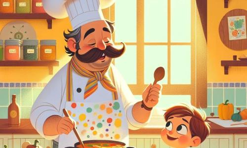 El personaje principal, Don Tomás, es un hombre alegre de unos cincuenta años, con un gran bigote marrón y ojos brillantes de felicidad. Lleva un gran delantal blanco manchado de colores vivos y un sombrero de chef que parece una nube. Está removiendo una gran olla de sopa, con una sonrisa radiante en su rostro, mostrando su pasión por la cocina. A su lado, Pablo, un niño de ocho años con cabello castaño y ojos curiosos, observa con asombro. Lleva un pequeño delantal colorido y sostiene una cuchara de madera, listo para ayudar a Don Tomás. La escena tiene lugar en una cocina cálida y acogedora, con paredes pintadas de amarillo pastel, estanterías llenas de frascos de especias coloridos y verduras frescas dispuestas sobre una gran encimera de madera. La luz del sol entra por una ventana, iluminando la habitación con un suave resplandor. La situación principal muestra a Don Tomás y Pablo preparando juntos una sopa de verduras, llenos de entusiasmo y complicidad, mientras burbujas salen de la olla, creando un ambiente alegre y mágico.