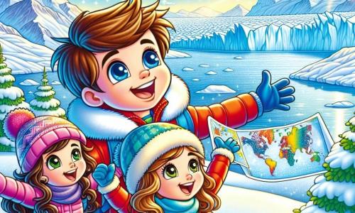 Un niño de 8 años, Lucas, con cabello castaño desordenado y ojos brillantes de curiosidad, está en el centro de la imagen, sonriendo con asombro mientras mira un hermoso glaciar brillando bajo el sol. Lleva un abrigo rojo brillante, un gorro azul y guantes, y está rodeado de nieve reluciente. A su derecha, Sofía, una niña de 8 años con cabello largo y rizado, vestida con un traje de esquí rosa, levanta los brazos al aire con alegría, como si quisiera tocar las nubes. A su izquierda, Martín, un niño de 8 años con gafas y cabello rubio, sostiene un mapa del mundo, con los ojos muy abiertos de emoción, mostrando a Lucas hacia dónde van a explorar. El paisaje es un vasto campo de nieve inmaculada, con majestuosas montañas al fondo y un cielo azul claro salpicado de algunas nubes blancas. Auroras boreales comienzan a aparecer en el cielo, iluminando la escena con colores vibrantes. La situación principal muestra a Lucas y sus amigos descubriendo la belleza de Groenlandia, maravillados por el glaciar y las luces danzantes del cielo, simbolizando el espíritu de aventura y amistad que los une.