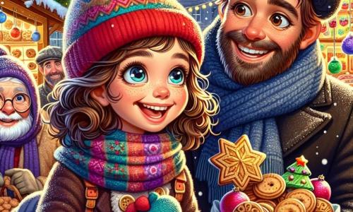 Uma menina de 8 anos, chamada Maria, está no centro da cena, com grandes olhos brilhantes e um sorriso radiante. Ela tem cabelos cacheados castanhos, usa um gorro vermelho e um cachecol de lã colorido. Maria segura um pacote de biscoitos de Natal nas mãos, olhando ao redor com uma expressão de admiração e alegria. Ao lado dela está seu pai, um homem na casa dos trinta, com barba castanha e um sorriso acolhedor. Ele usa um casaco preto e um cachecol azul, olhando para Maria com orgulho, segurando uma estrela dourada que ela escolheu no mercado. Ao fundo, uma mulher idosa com óculos redondos e um chale de tricô vende enfeites de Natal coloridos, sorrindo para as crianças que passam. O local é um mercado de Natal animado, iluminado por luzes cintilantes e decorado com árvores adornadas com bolas brilhantes. Barracas de madeira oferecem guloseimas, brinquedos e decorações, enquanto flocos de neve caem suavemente do céu. A cena principal mostra Maria e seu pai reunidos após uma pequena aventura, cercados pela alegria efervescente do mercado, ilustrando o espírito do Natal, cheio de amor e compartilhamento.