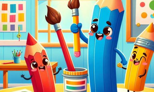 An illustration depicts a cheerful blue crayon with a bright smile and sparkling eyes, standing on a colorful art table. This crayon has a slender shape and an eraser shaped like a hat, appearing determined to help its friends. Next to it is a red crayon girl with rosy cheeks and bright eyes, smiling and reaching out to pass a paint pot. She is full of energy and shows a spirit of cooperation. A tall, slim yellow crayon boy leans forward with an enthusiastic expression, ready to grab another art tool, displaying camaraderie and encouragement. The main setting is a bright classroom filled with vivid colors, decorated walls with children's drawings, wooden tables covered with art supplies, and large windows letting in sunlight. The main scene shows the blue crayon trying to reach a paint pot on a high shelf, while its friends encourage and help it overcome this challenge, illustrating the spirit of collaboration and friendship. Other graphic elements include brushes, various colored crayons scattered on the table, and a large bulletin board where children display their artwork, creating a joyful and inspiring atmosphere.