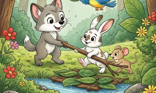 Die Hauptfigur ist ein hellgrauer kleiner Wolf mit weichem Fell und runden glänzenden Augen, fröhlich und konzentriert, der mit Pfote und kleinem Schwanz einen zu ihm gefallenen langen Zweig zu sich zieht; eine beige, zierliche Maus mit großen Ohren, besorgt aber mutig, schiebt den Zweig mit den Vorderpfoten am Rand eines Busches; ein leuchtend blauer Vogel mit gelbem Bauch, singend und zufrieden, hält ein Blattstück im Schnabel und fliegt über der Szene; ein weiß-braun gefleckter Hase mit langen Ohren lächelt und hilft, indem er den Zweig mit den Hinterpfoten neben dem Wolf schiebt; Schauplatz ist ein schmaler Bach in einer Waldlichtung mit funkelndem Wasser, runden Kieseln, dickem grünen Moos, großen Blättern und bunten Wildblumen; die Szene zeigt die kleinen Abenteurer, wie sie den Zweig in ein Blätterschiff verwandeln und behutsam auf das Wasser setzen, eine einfache, spielerische und bewegte Handlung.