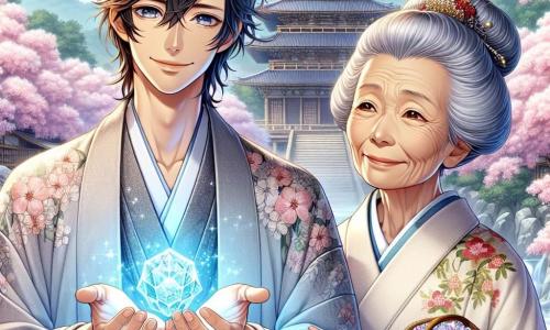 Haruto, ein Mann in seinen Dreißigern, hat ein sanftes, lächelndes Gesicht, mit leicht gewellten schwarzen Haaren und neugierigen, funkelnden Augen. Er trägt einen traditionellen Kimono aus leichtem Stoff, verziert mit floralen Mustern, und steht vor einem alten Tempel, die Hände zu einem geheimnisvollen blauen Kristall ausstreckend, der in seiner Handfläche leuchtet, sein Gesichtsausdruck vereint Staunen und Zögern. Neben ihm steht eine alte Frau, etwa 70 Jahre alt, mit einem weisen Lächeln. Sie hat graue Haare im Dutt und trägt einen schlichten, aber eleganten Kimono mit Kirschblütenmustern. Sie schaut Haruto wohlwollend an und hält einen kleinen Korb aus Weide, gefüllt mit funkelnden Kristallen. Die Szenerie besteht aus einem traditionellen japanischen Tempel mit Pagodendächern und Ste lanternen, umgeben von majestätischen Kirschbäumen, deren Blütenblätter sanft zu Boden fallen und einen rosafarbenen Teppich bilden. Der Himmel ist hellblau, mit leichten Wolken, die der Szene eine friedliche Note verleihen. Die Hauptsituation zeigt Haruto, der fasziniert die Kraft des blauen Kristalls entdeckt, während die alte Frau ihm alte Weisheit vermittelt und den magischen Moment betont, in dem er zwischen dem Wunsch nach Reichtum und dem Wert menschlicher Beziehungen wählen muss.