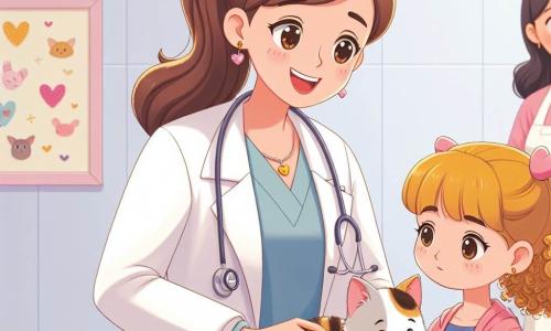 Dr. Lisa ist eine lächelnde Frau in ihren Dreißigern mit braunen Haaren, die zu einem Pferdeschwanz gebunden sind. Sie trägt einen weißen Kittel mit bunten Tiermotiven und ein Stethoskop um den Hals. Mit einem warmen und beruhigenden Blick untersucht sie aufmerksam eine verletzte kleine Katze auf dem Untersuchungstisch. Sophie, ein siebenjähriges Mädchen mit lockigen blonden Haaren, steht neben Dr. Lisa. Sie hat besorgte, aber auch hoffnungsvolle Augen und streichelt sanft Miezi, ihre Katze, die sich an sie kuschelt. Anna, eine freundliche Krankenschwester in ihren Zwanzigern, steht in der Nähe der Tür, bereit zu helfen. Sie hat braune Haare und trägt einen rosa Kittel mit Herzmotiven. Sie lächelt und beobachtet die Szene wohlwollend. Die Szene spielt in einem hellen Untersuchungsraum mit pastellgelben Wänden, geschmückt mit Tierzeichnungen und Bildungsplakaten. Natürliches Licht strömt durch ein großes Fenster und schafft eine warme und einladende Atmosphäre. Dr. Lisa behandelt Miezi, während Sophie voller Hoffnung auf Neuigkeiten wartet und Anna bereit ist zu helfen, was eine Atmosphäre der Zusammenarbeit und Fürsorge schafft.