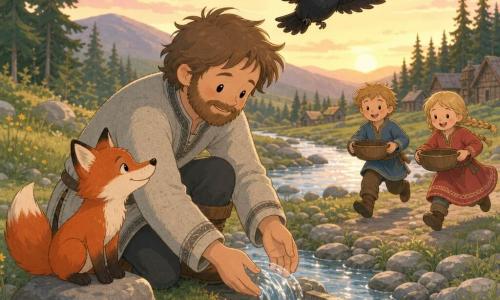 Eirik, an adult with tousled brown hair and a short beard, wearing a light gray wool coat and leather boots, kneels by a stream guiding the water with his hands; a glossy black raven with mischievous round eyes flies above him with wings outspread; a small lively red fox with a pointed muzzle sits on a rock to his left, appearing to smile; two village children (about 8), in colorful tunics, run in the background toward the water with wooden bowls; the riverbank between firs and low hills features wet smooth stones, green grass dotted with yellow flowers and a pastel sunset sky; the clear stream finally flows into a small dug channel, glittering in the last sunbeams as the characters silently celebrate in a warm, hopeful atmosphere.