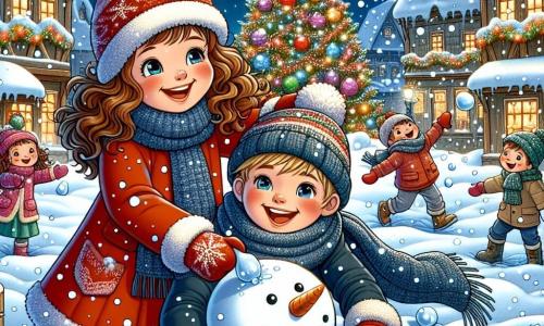 Una niña de 12 años, con cabello rizado y una gran sonrisa, lleva un abrigo rojo brillante y guantes de lana. Está construyendo un gran muñeco de nieve, con los ojos brillando de alegría. Un niño de 8 años, con cabello rubio y mejillas sonrosadas, viste una bufanda azul y un gorro de lana. Lanza una bola de nieve con entusiasmo, riendo a carcajadas. El escenario es un encantador pueblo nevado, con casas de madera cubiertas de nieve, iluminadas por guirnaldas multicolores. Los copos de nieve caen suavemente, creando una atmósfera mágica y festiva. La escena principal muestra a los niños jugando juntos en la nieve, rodeados de risas y felicidad, mientras un gran árbol de Navidad decorado se erige en el centro de la plaza, iluminado por estrellas brillantes en el cielo nocturno.
