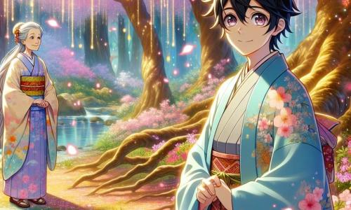 Kaito, un joven de unos 15 años, con cabello negro y liso, lleva un kimono azul claro adornado con motivos de cerezos en flor. Su rostro expresa una curiosidad maravillada, con ojos brillantes y una amplia sonrisa, mientras se encuentra frente a un majestuoso árbol de sakura, cuyas ramas están cargadas de flores rosas. A su lado, Hana, una mujer de unos 70 años, con cabello plateado y un rostro dulce, lleva un kimono tradicional en colores pastel. Ella está cerca del arroyo, con las manos juntas, observando a Kaito con benevolencia y sabiduría. El lugar es un claro encantado, rodeado de grandes árboles verdes, donde el sol filtra a través de las hojas, creando destellos de luz dorada sobre el suelo cubierto de pétalos de flores. Un arroyo brillante serpentea a través del paisaje, añadiendo un toque de magia a la escena. La situación principal muestra a Kaito escuchando atentamente las historias que le cuenta Hana, mientras el suave murmullo del arroyo acompaña sus intercambios. La atmósfera es pacífica y llena de misterio, invitando al descubrimiento y al aprendizaje.